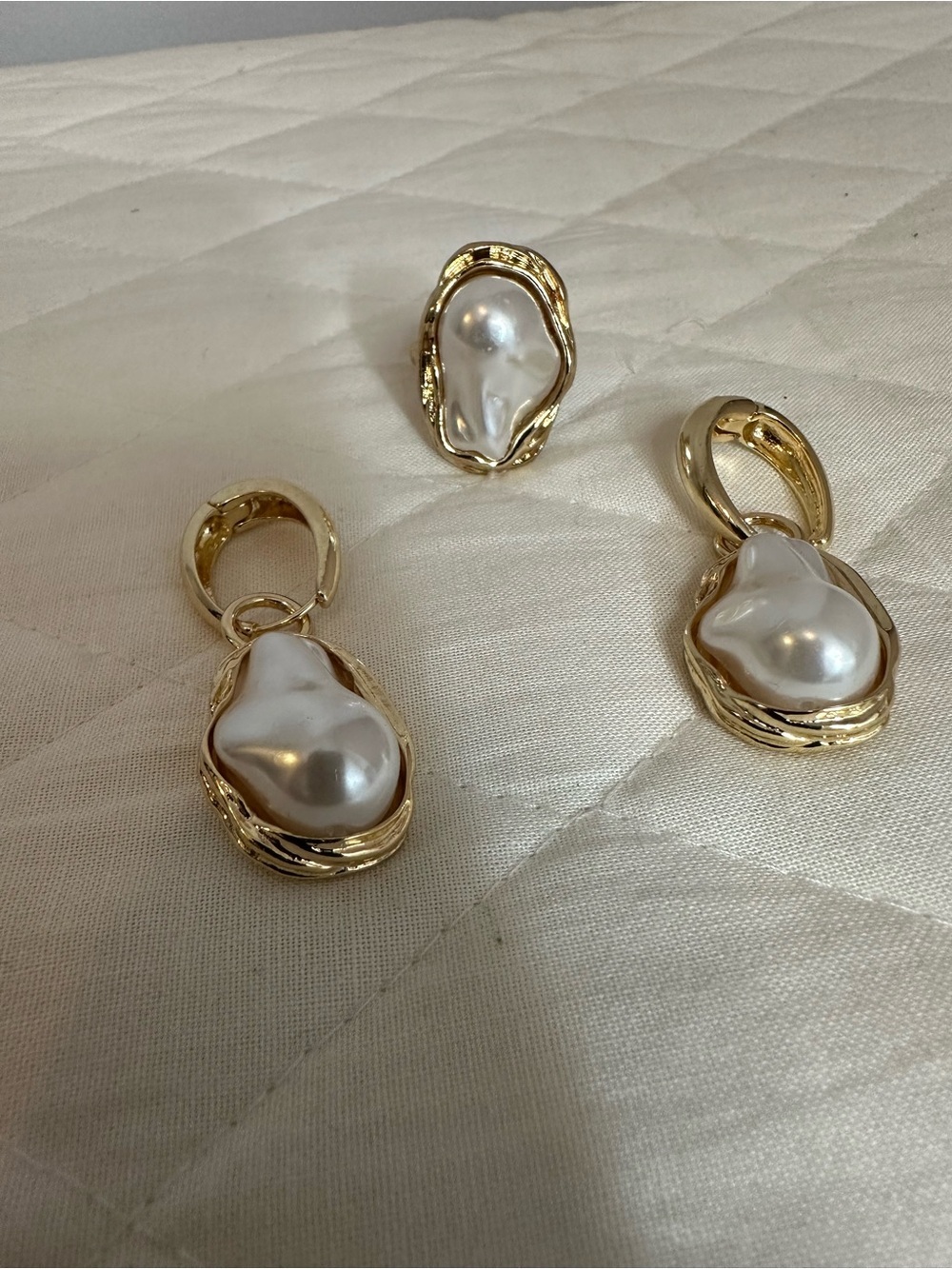 Gold Tone Faux Pearl Drop Earrings and Ring Set - Women Jewelry